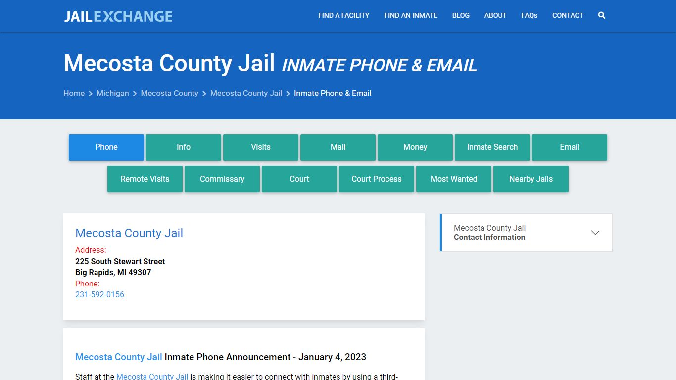Inmate Phone - Mecosta County Jail, MI - Jail Exchange